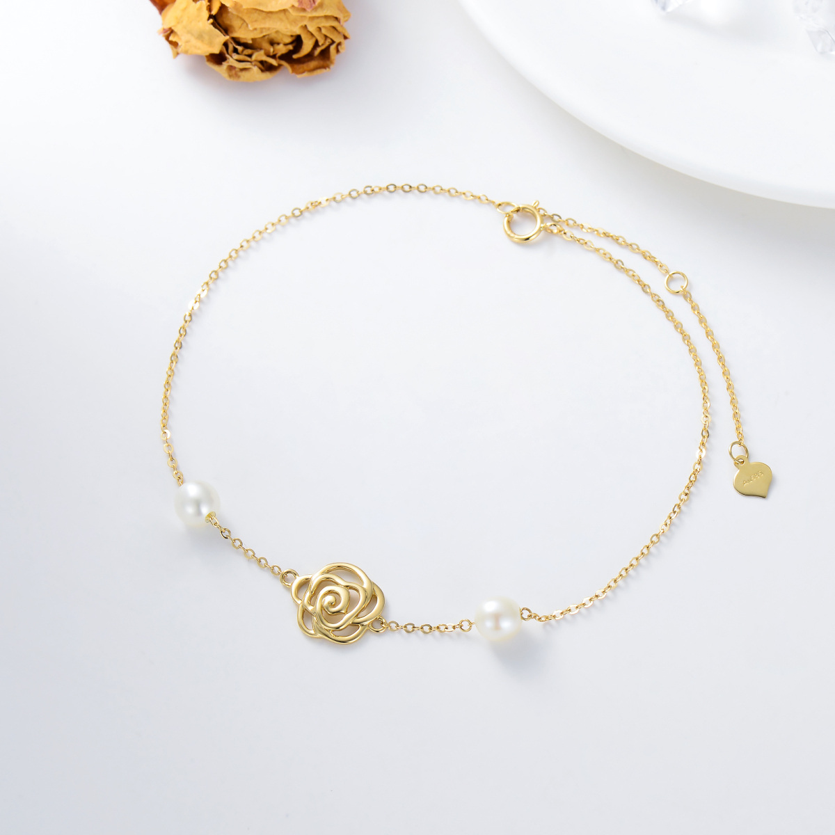 10K Gold Pearl Rose Single Layer Charm Anklet-4