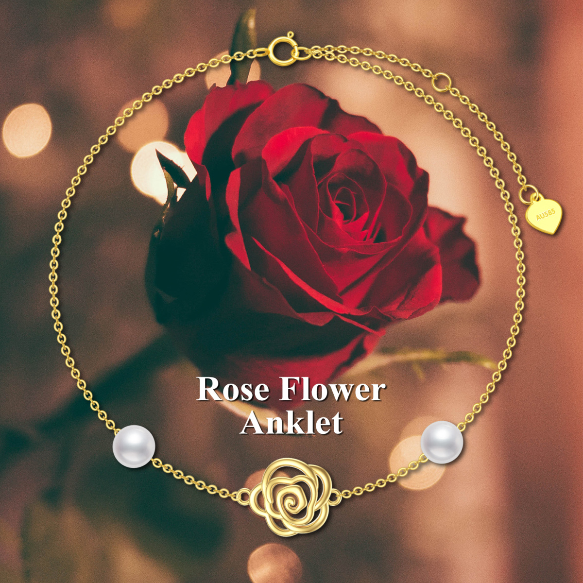 10K Gold Pearl Rose Single Layer Charm Anklet-6