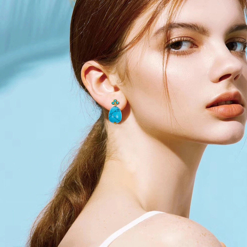 10K Solid Gold Turquoise Earrings For Women,Dangle Drop Turquoise Earrings Vintage-2