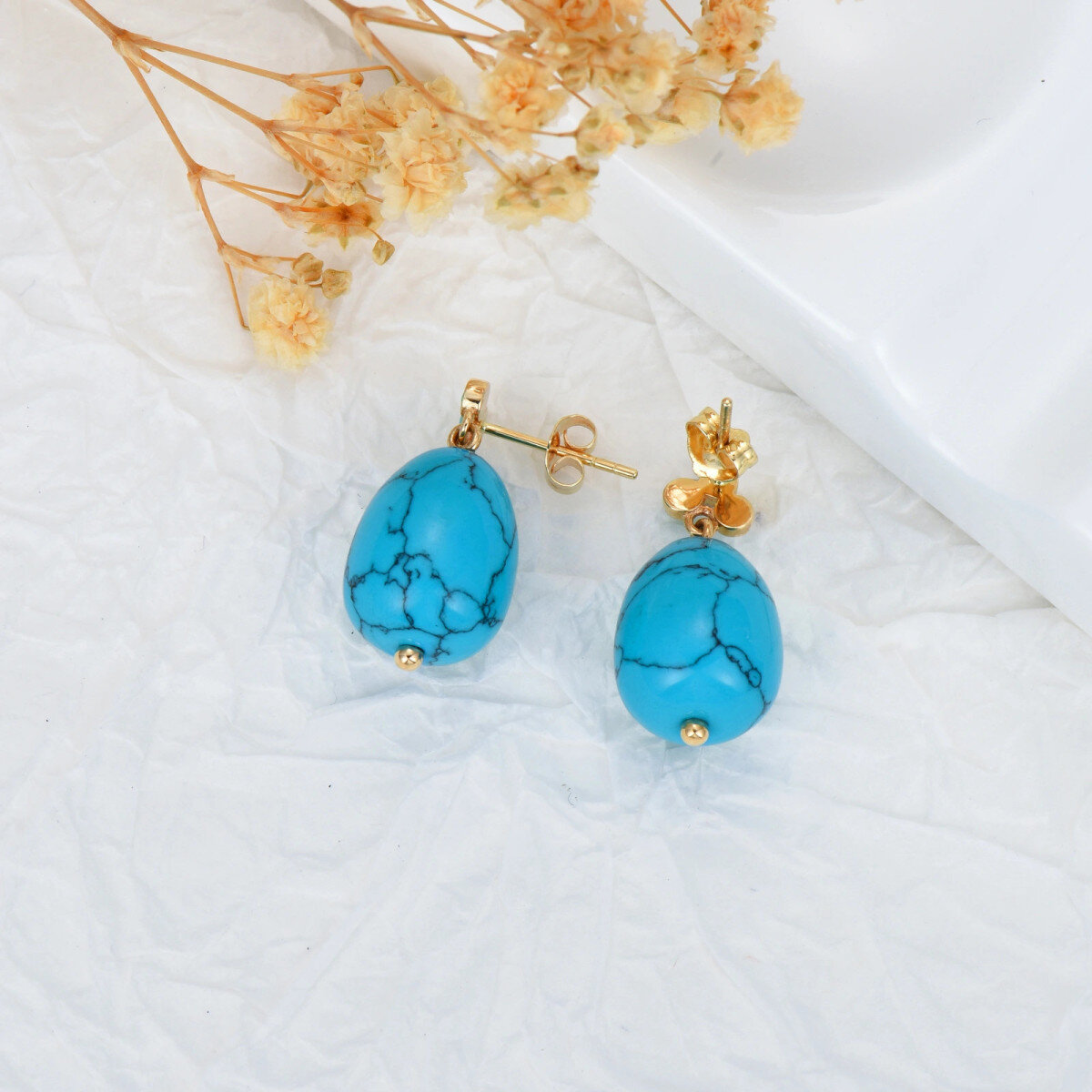 14K Massive Gold Türkis Ohrringe für Frauen,Dangle Drop Türkis Ohrringe Vintage-3
