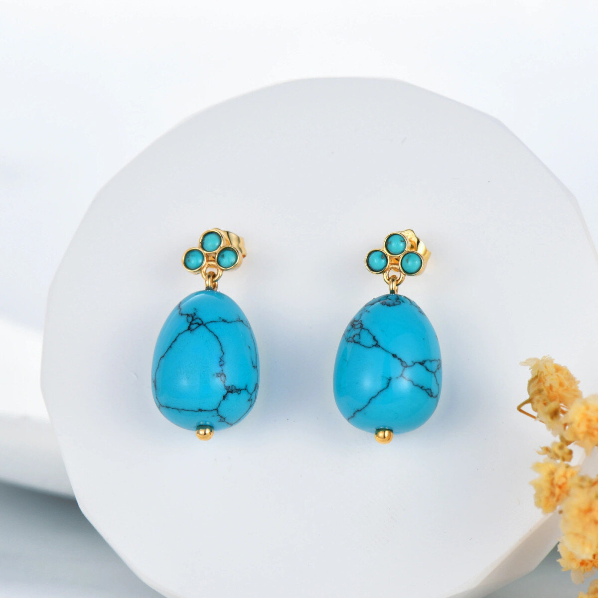 14K Massive Gold Türkis Ohrringe für Frauen,Dangle Drop Türkis Ohrringe Vintage-4