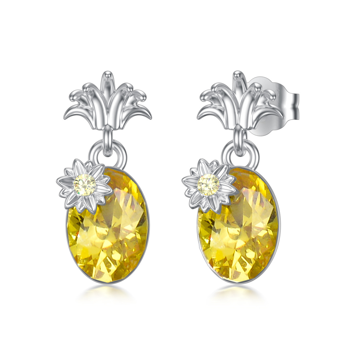 14K Solid White Gold Pineapple Earring Studs with Created Citrine-1