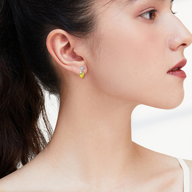 Brincos de ananás em ouro branco maciço 18K com citrino criado-2