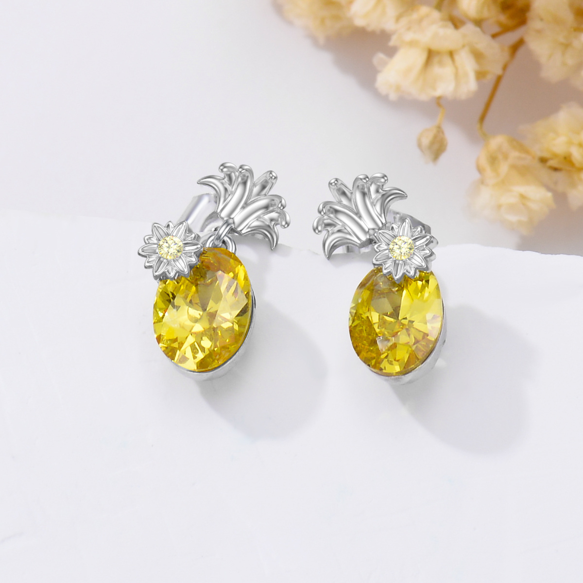 14K Solid White Gold Pineapple Earring Studs with Created Citrine-3