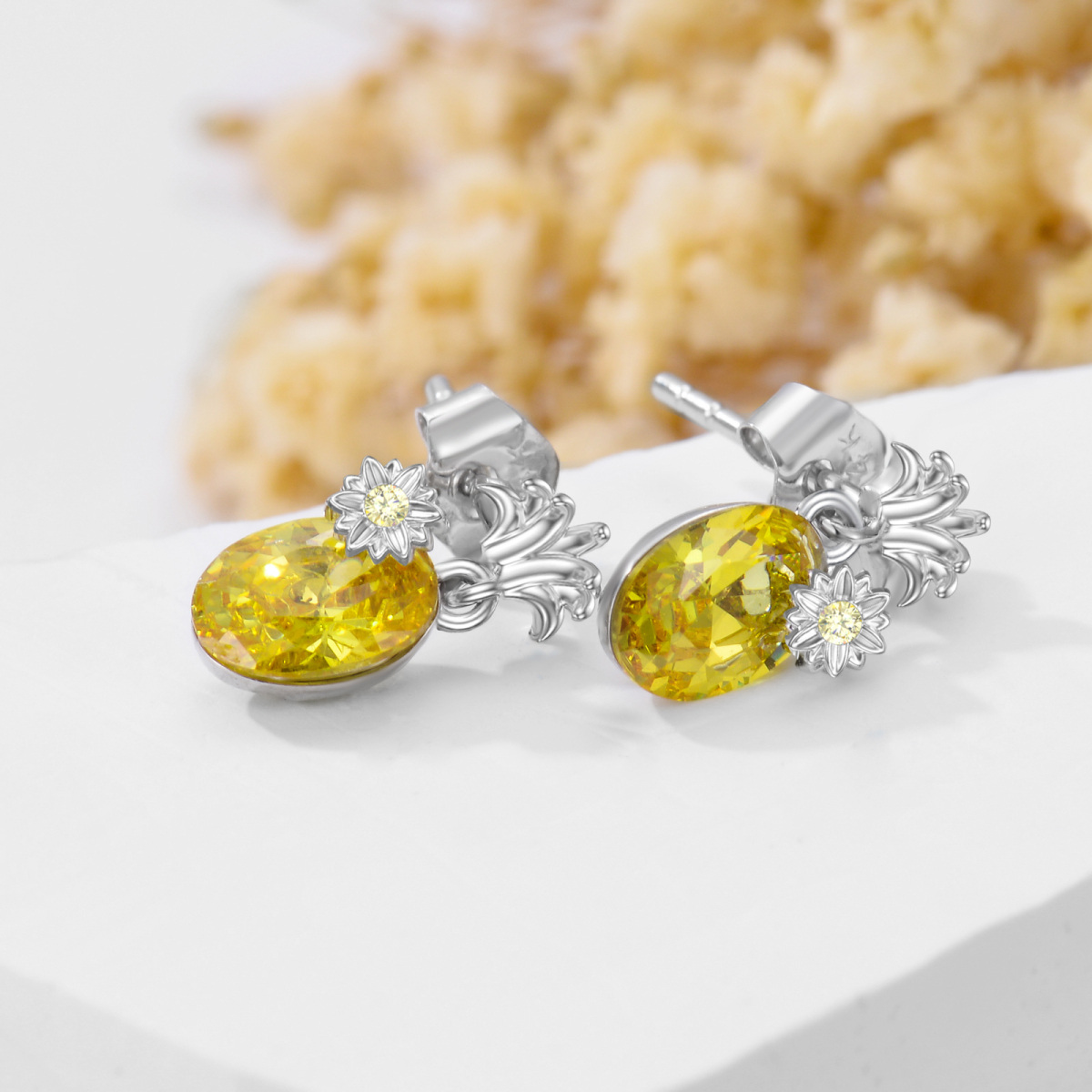 14K Solid White Gold Pineapple Earring Studs with Created Citrine-4