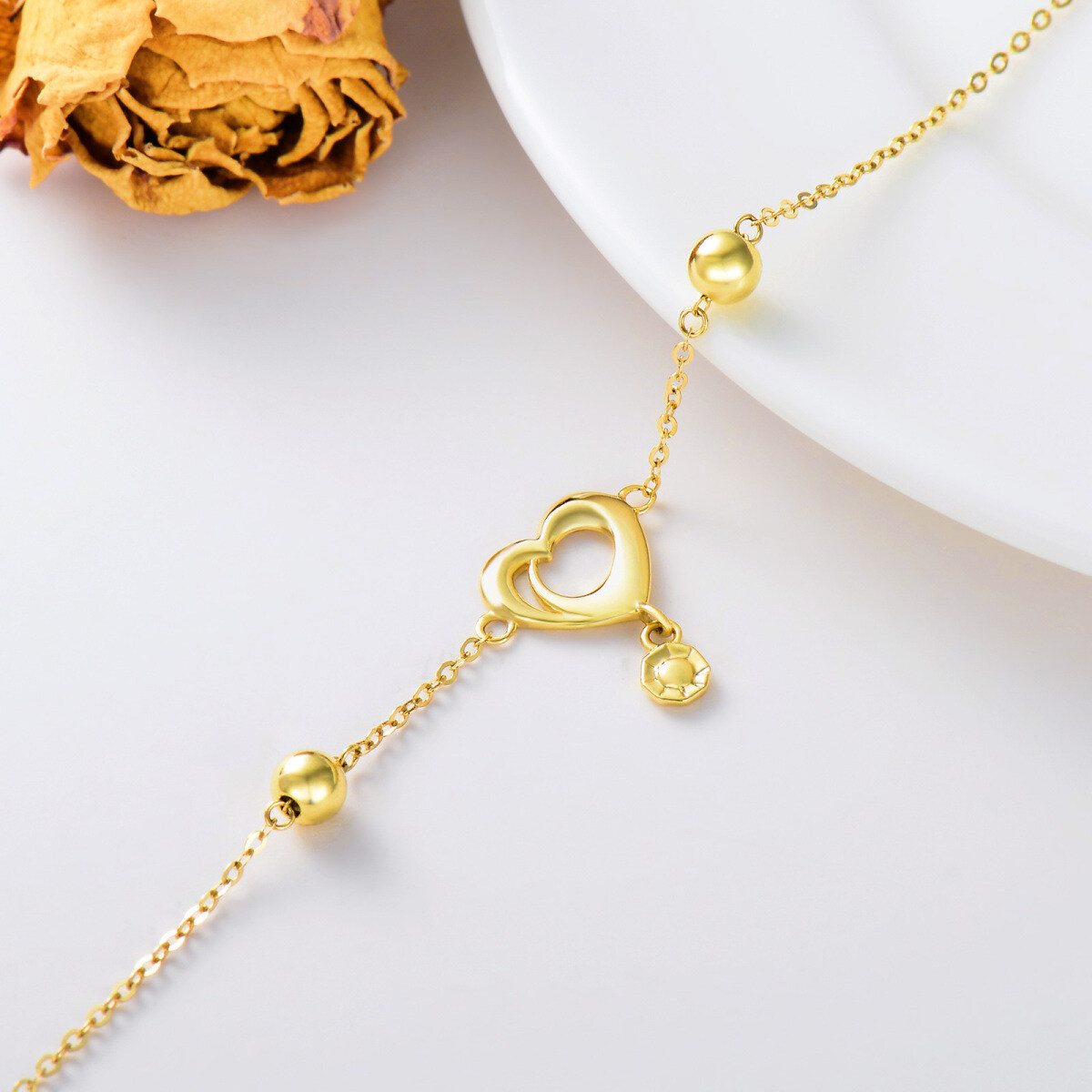 14K Gold Heart Charm Bracelet-3