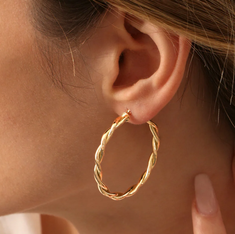 Pendientes trenzados de oro amarillo macizo de 14 quilates, 40 mm-2