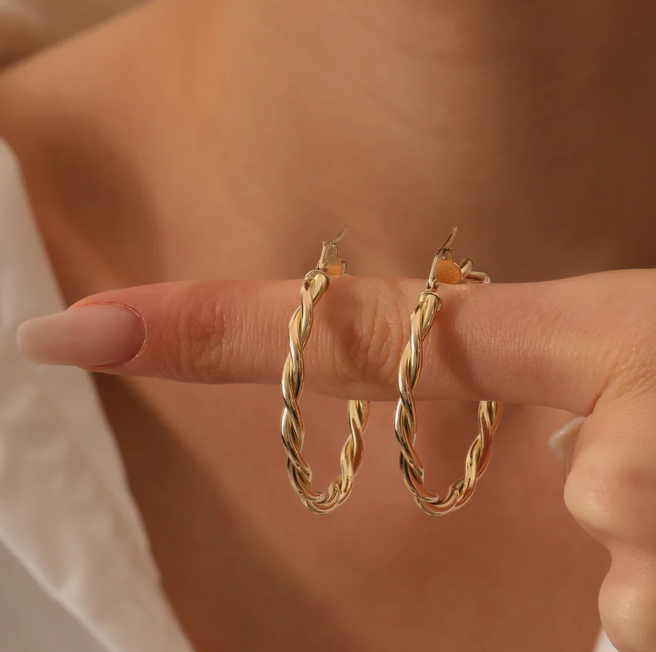 14K Solid Yellow Gold Twist Earrings 40mm-4