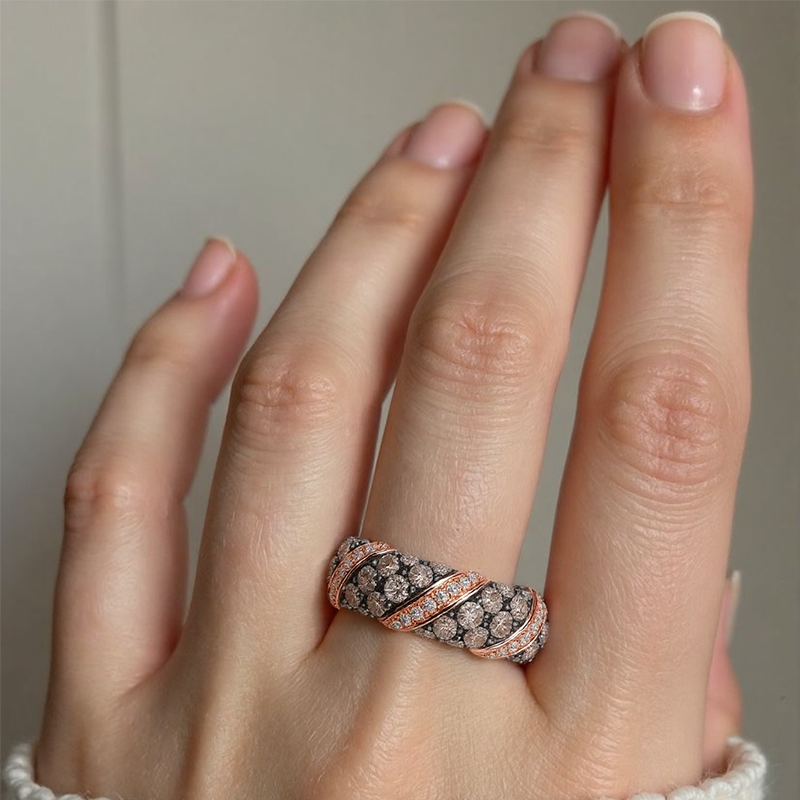 خاتم من الذهب الوردي عيار 14 قيراطًا مرصع بالألماس بتصميم دائري قابل للتكديس، لون فاخر، نقاء I1، معتمد من 3EX IGI-2