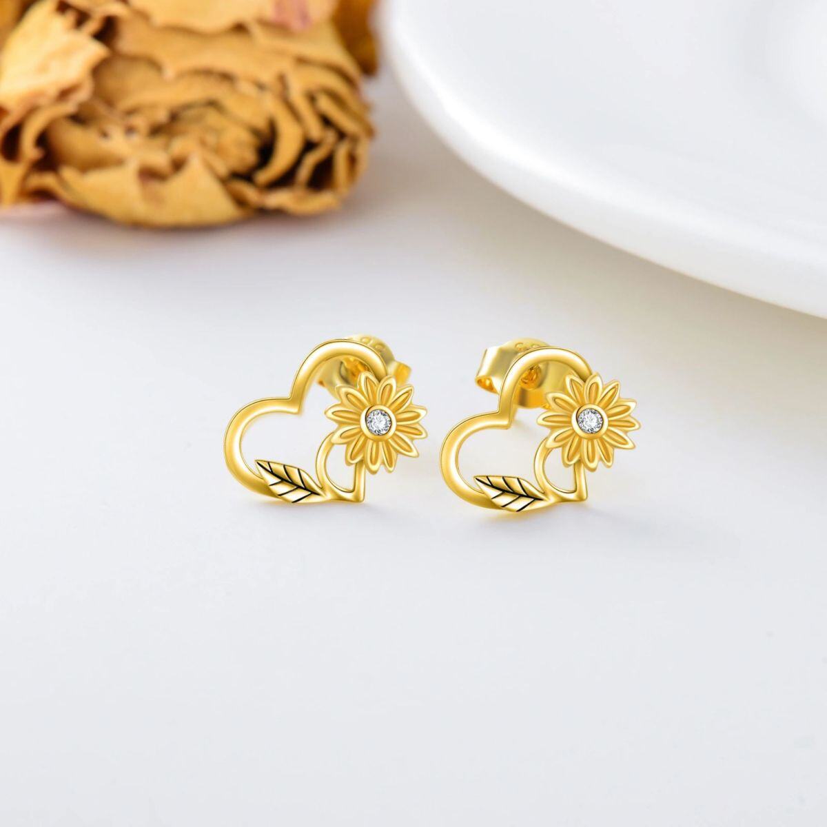 10K Gold Sunflower Stud Earrings-3