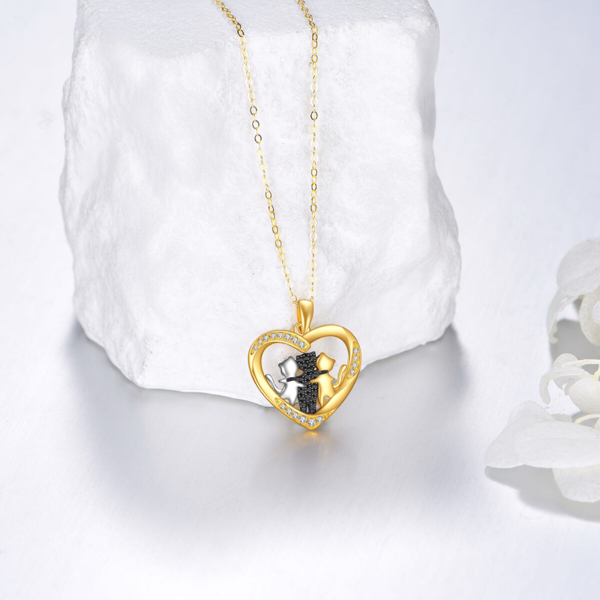 10K Three-Tone Solid Gold Cubic Zirconia 3 Cat Pendant Necklace-3