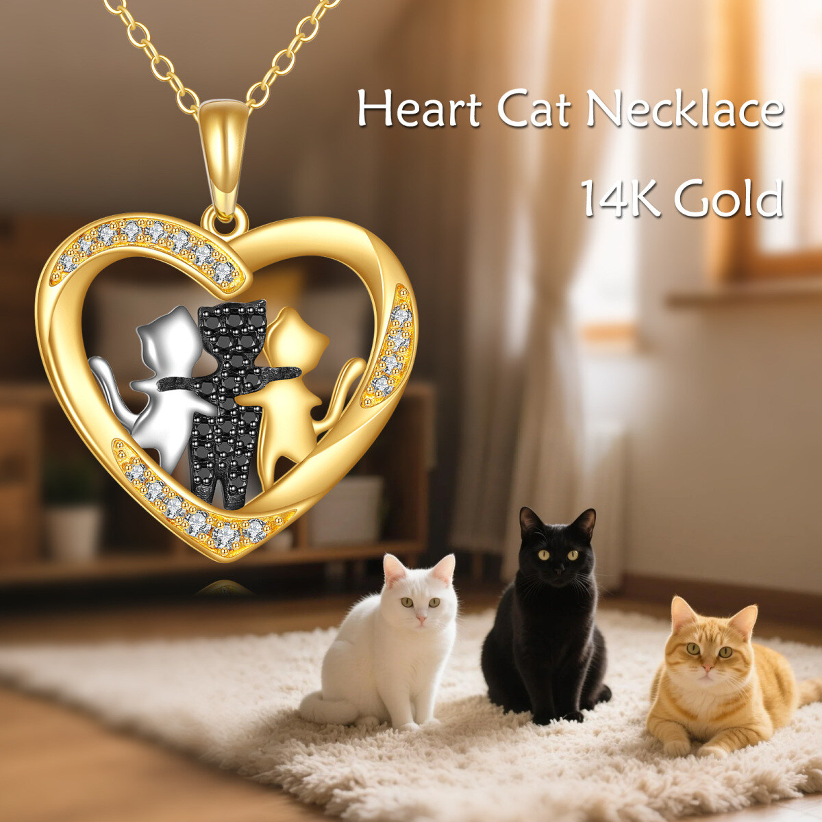 10K Three-Tone Solid Gold Cubic Zirconia 3 Cat Pendant Necklace-6