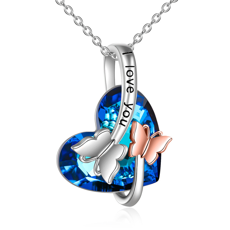 Sterling Silver Two-tone Butterfly & Heart Crystal Pendant Necklace-15