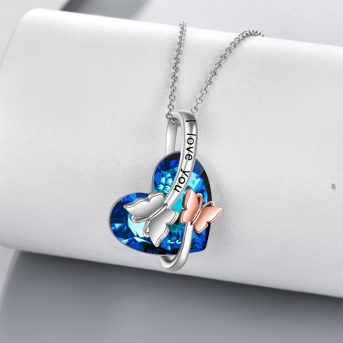 14K Two-tone Butterfly & Heart Crystal Pendant Necklace-3