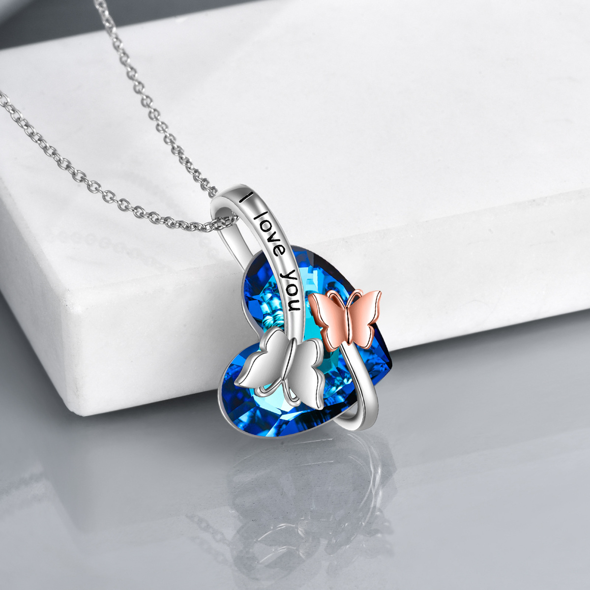 14K Two-tone Butterfly & Heart Crystal Pendant Necklace-4