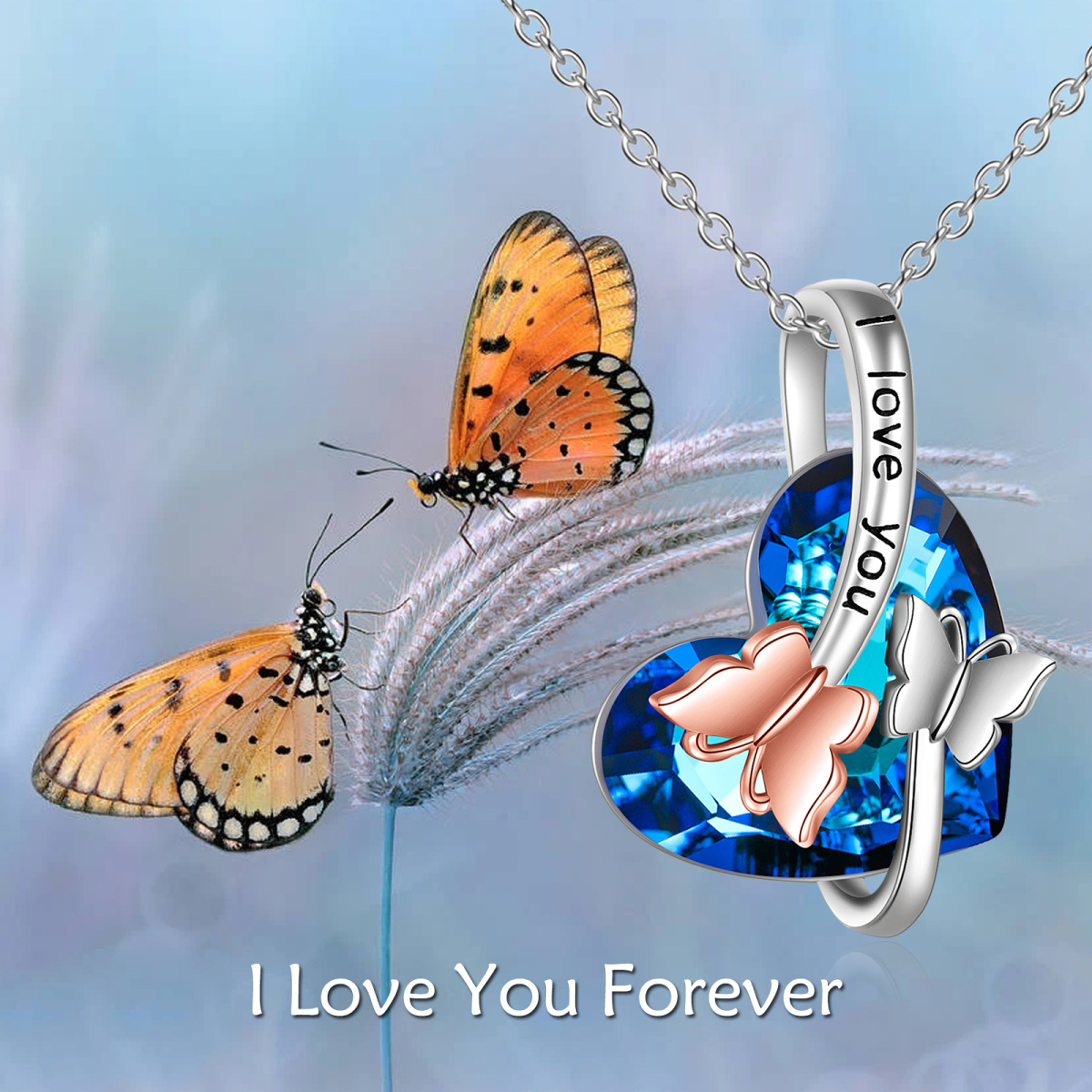 14K Two-tone Butterfly & Heart Crystal Pendant Necklace-6