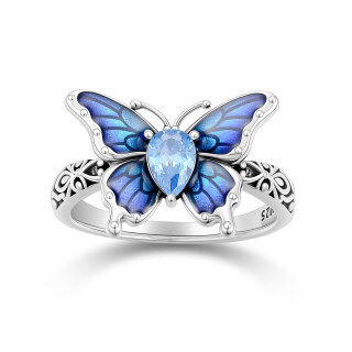 Sterling Silver Two-tone Cubic Zirconia Butterfly Ring-2