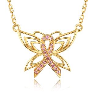 10K Two-tone Circular Cubic Zirconia Butterfly & Breast Cancer Pendant Necklace-8