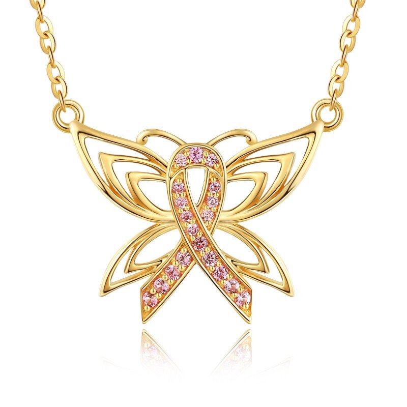 10K tweekleurige ronde kubieke zirkonia vlinder borstkanker hanger ketting-10