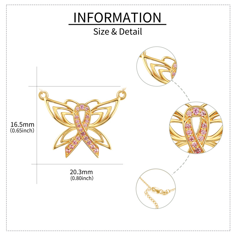 Colar com pingente de câncer de mama de borboleta de zircônia cúbica circular de dois tons 10K-5
