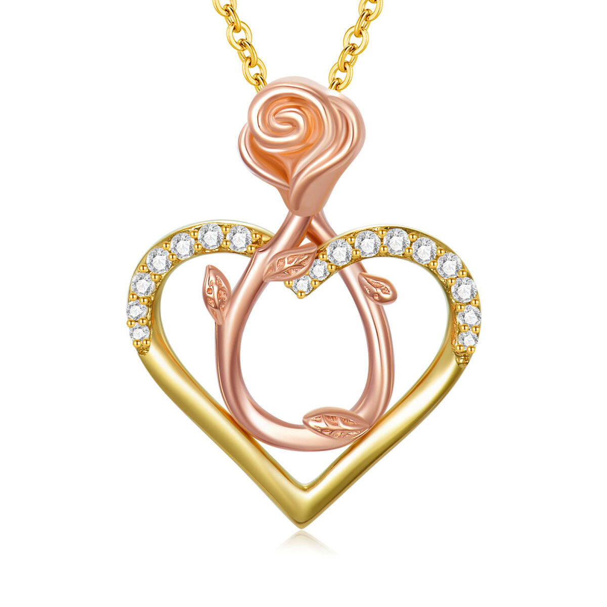 14K Two-tone Circular Cubic Zirconia Rose & Heart Pendant Necklace-1