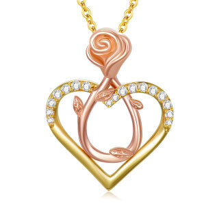 10K Two-tone Circular Cubic Zirconia Rose & Heart Pendant Necklace-17