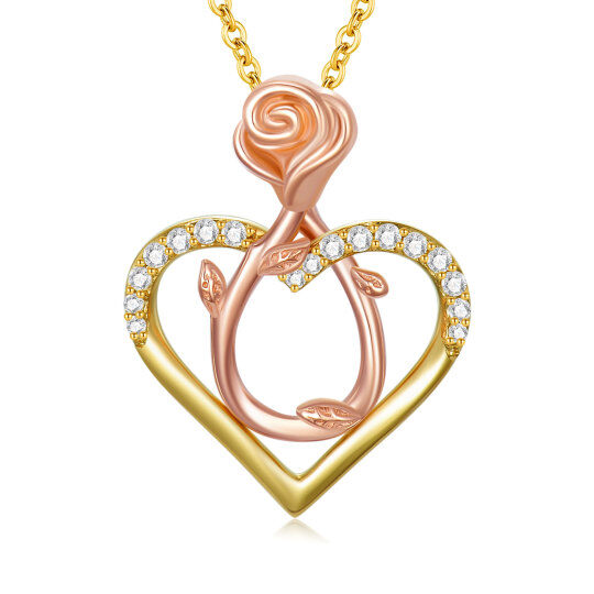 14K Two-tone Circular Cubic Zirconia Rose & Heart Pendant Necklace