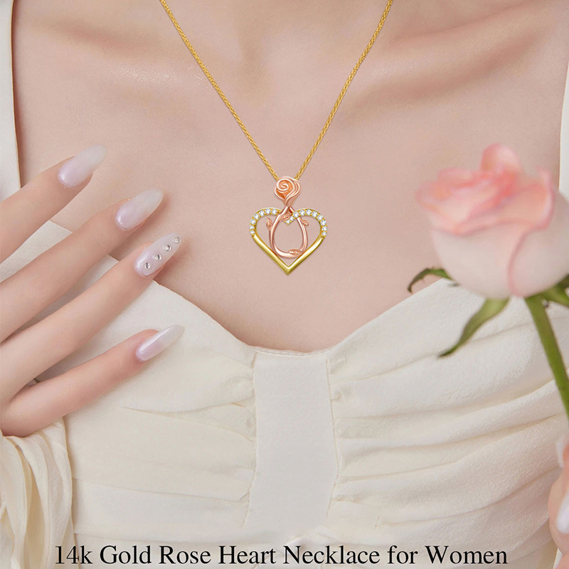 14K Two-tone Circular Cubic Zirconia Rose & Heart Pendant Necklace-2