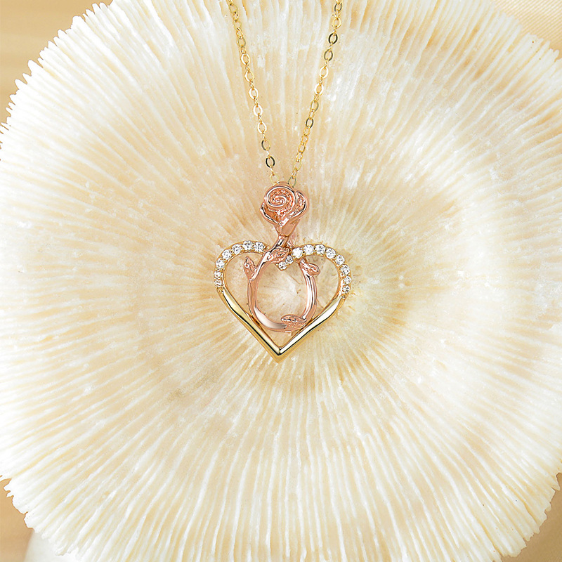 10K Two-tone Circular Cubic Zirconia Rose & Heart Pendant Necklace-3