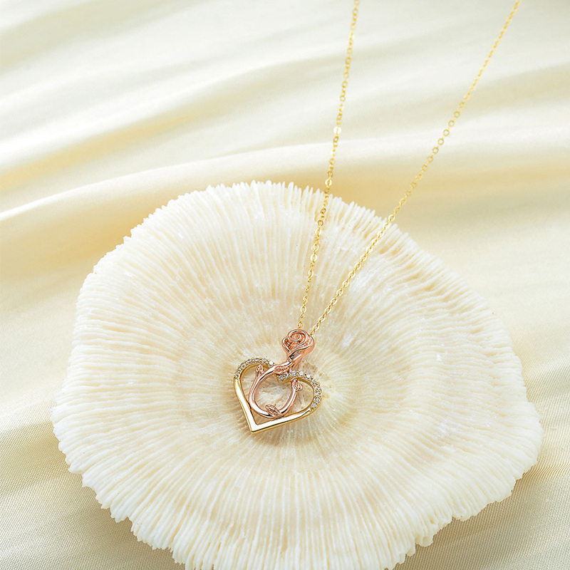 10K Two-tone Circular Cubic Zirconia Rose & Heart Pendant Necklace-4