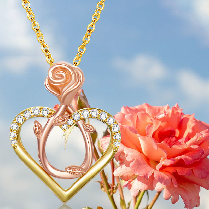 10K Two-tone Circular Cubic Zirconia Rose & Heart Pendant Necklace-5