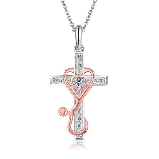 Collier pendentif croix stéthoscope en argent sterling et oxyde de zirconium bicolore