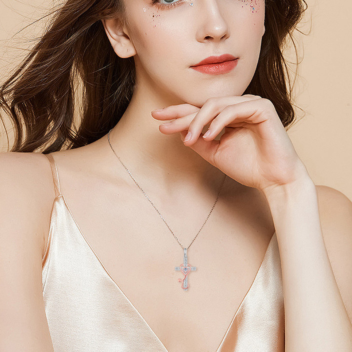Sterling Silver Two-tone Cubic Zirconia Cross & Stethoscope Pendant Necklace-2