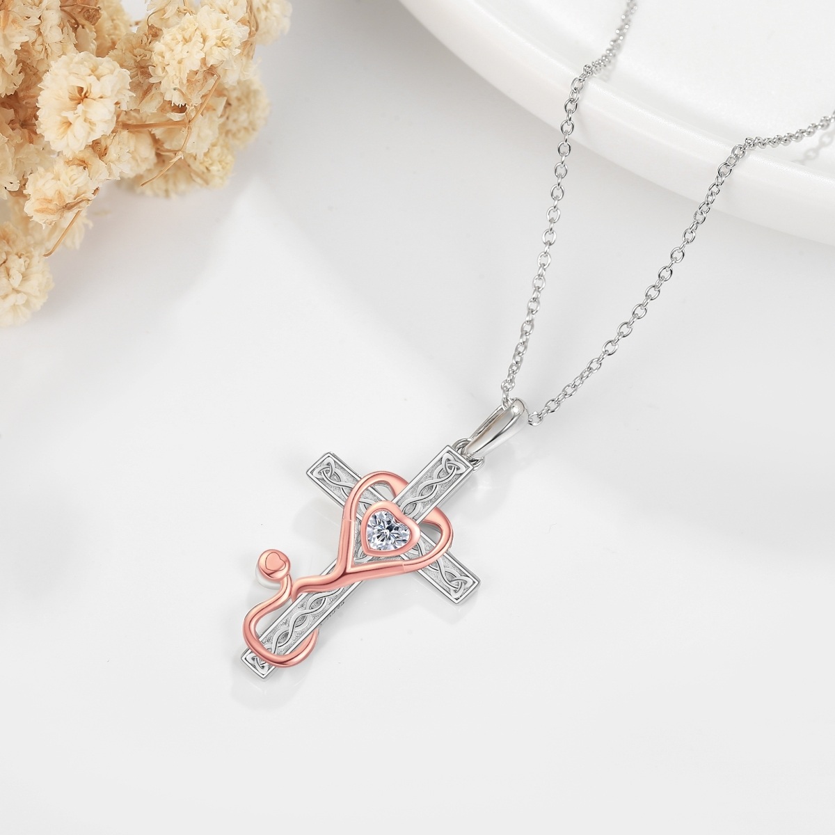 Sterling Silver Two-tone Cubic Zirconia Cross & Stethoscope Pendant Necklace-3