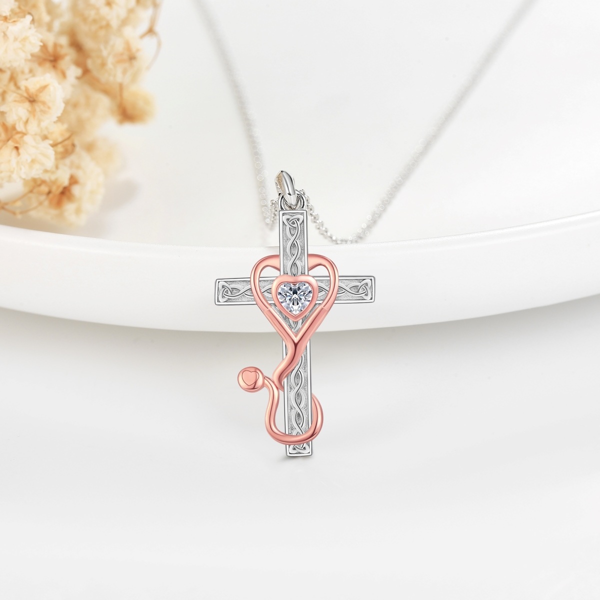 Sterling Silver Two-tone Cubic Zirconia Cross & Stethoscope Pendant Necklace-4
