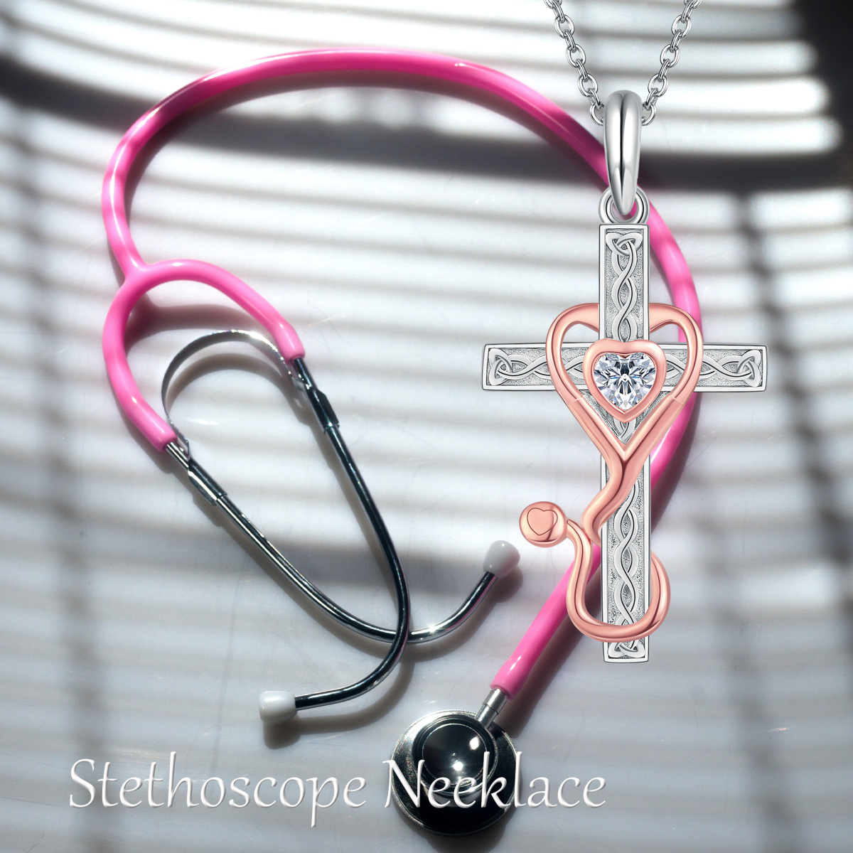 Sterling Silver Two-tone Cubic Zirconia Cross & Stethoscope Pendant Necklace-6