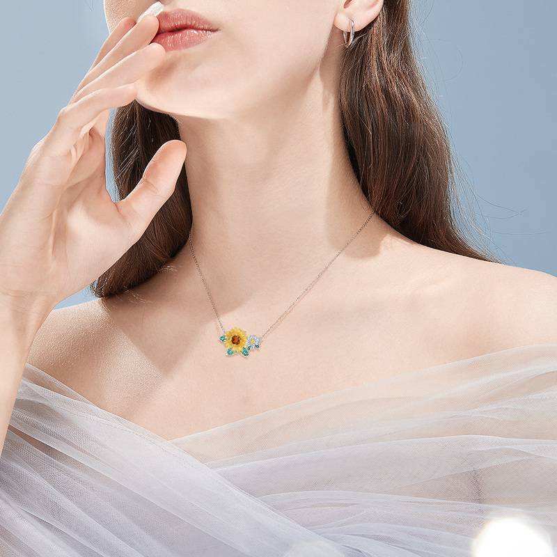 Sterling Silver Two-tone Crystal Daisy Pendant Necklace-2