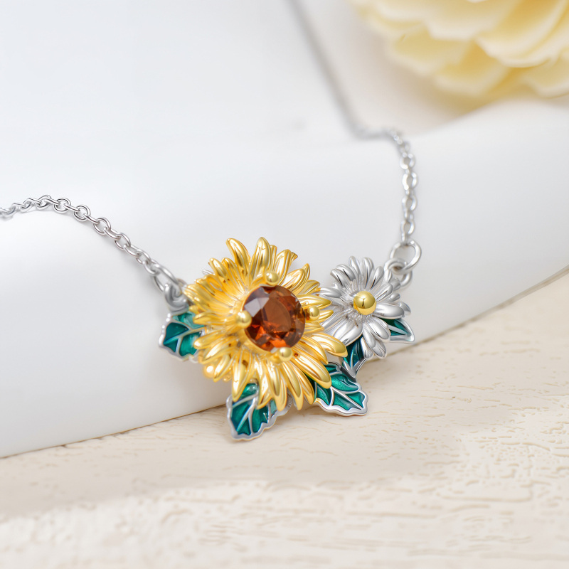 Sterling Silver Two-tone Crystal Daisy Pendant Necklace-3