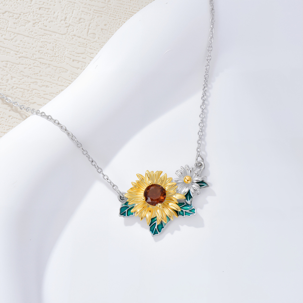 Sterling Silver Two-tone Crystal Daisy Pendant Necklace-4
