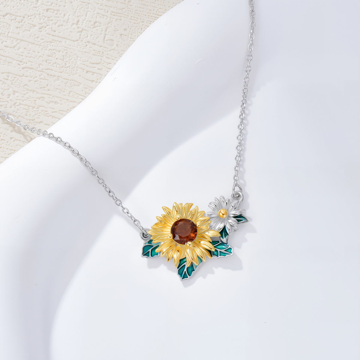 Sterling Silver Two-tone Crystal Daisy Pendant Necklace-4