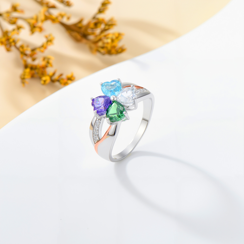 Anillo de plata de ley con corazón en dos tonos y piedra de nacimiento personalizada-3