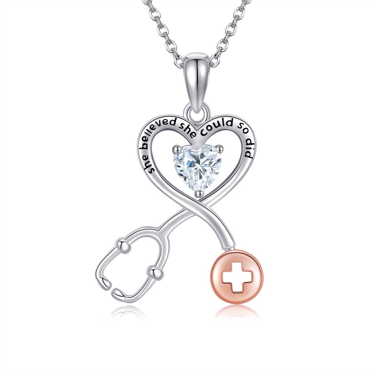 14K Two-tone Cubic Zirconia Heart & Stethoscope Pendant Necklace with Engraved Word-1