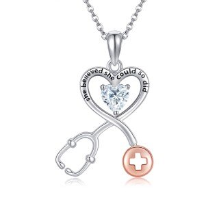 Sterling Silver Two-tone Cubic Zirconia Heart & Stethoscope Pendant Necklace with Engraved Word-4