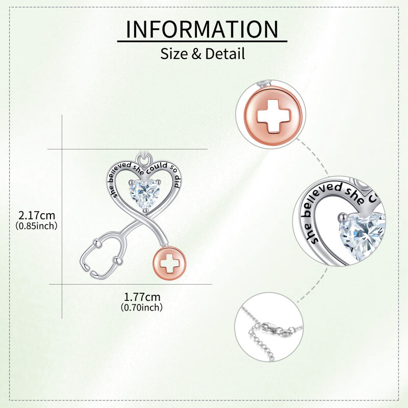 Colar com pendente estetoscópio em forma de coração, zircónia cúbica bicolor, prata de lei, com palavra gravada-5