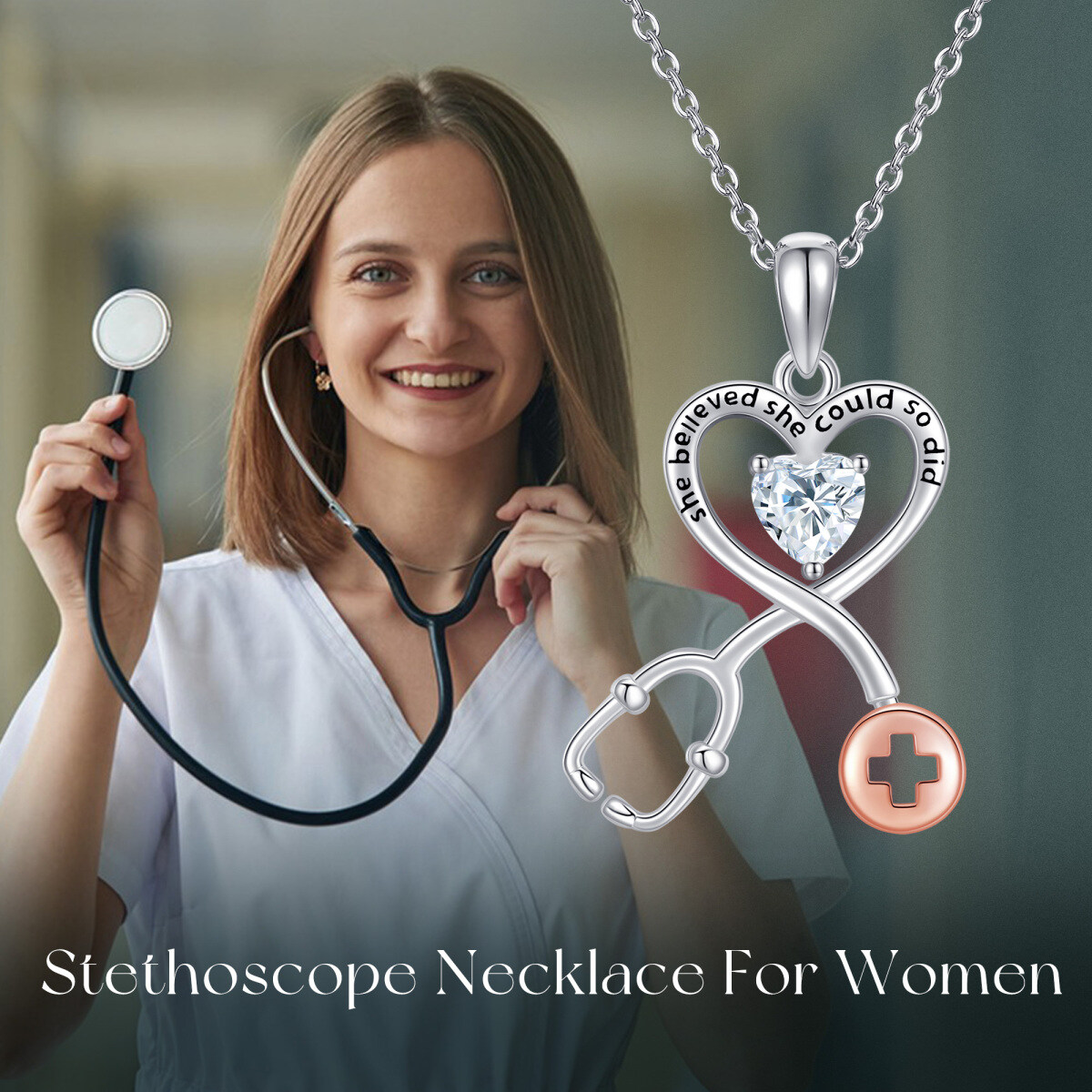14K Two-tone Cubic Zirconia Heart & Stethoscope Pendant Necklace with Engraved Word-6