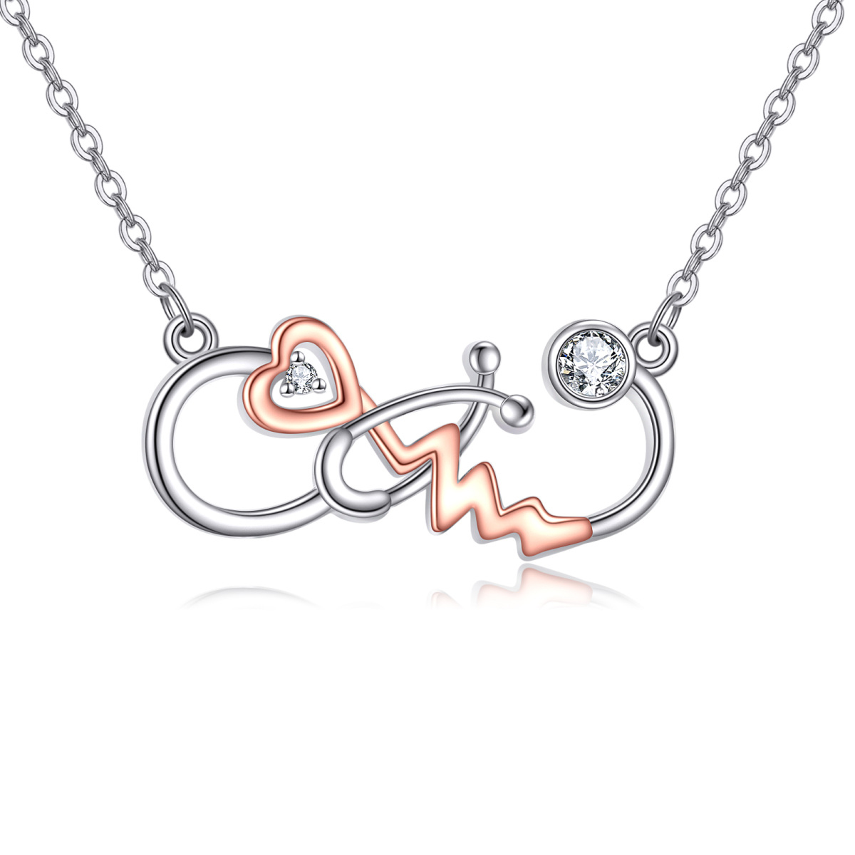 14K Two-tone Cubic Zirconia Heart & Stethoscope Pendant Necklace-1