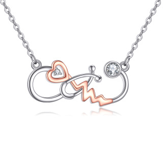 Sterling Silver Two-tone Cubic Zirconia Heart & Stethoscope Pendant Necklace-2