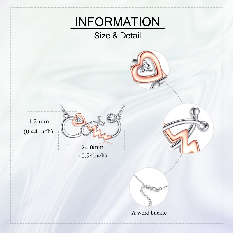 Collana con ciondolo a forma di stetoscopio a forma di cuore in argento sterling con zirconi cubici bicolore-4