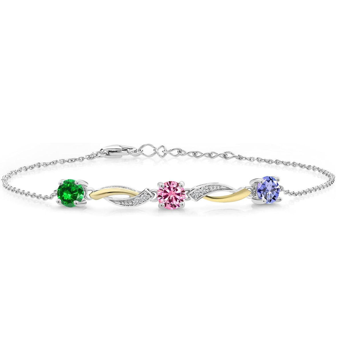 Pulsera con dije de abuela, madre y hermanas en plata de ley bicolor con diamante creado en laboratorio y piedra de nacimiento personalizada.-1