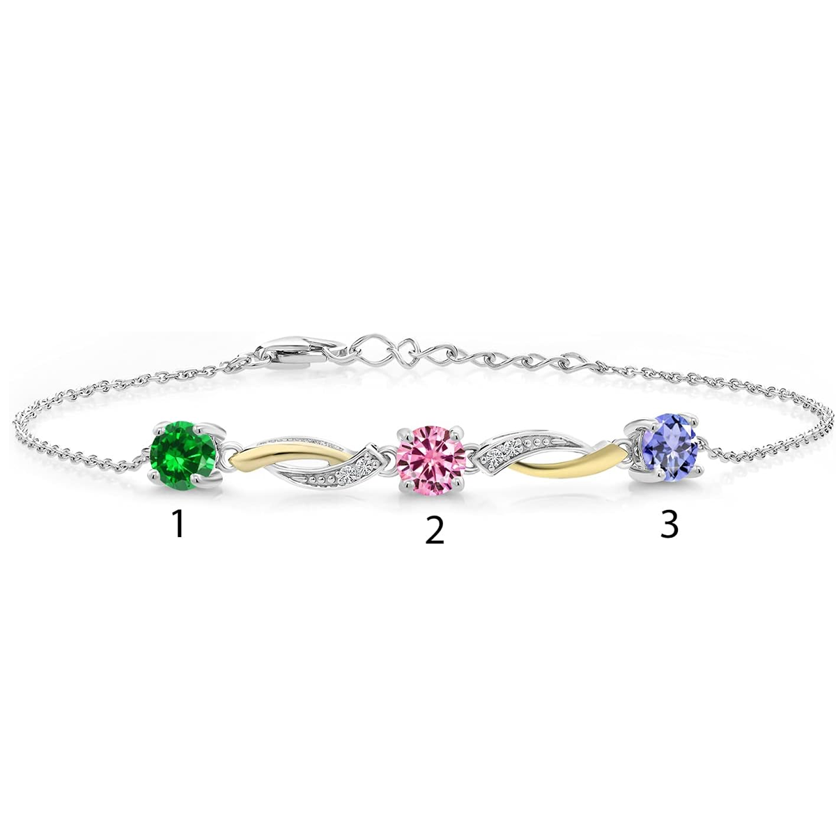 Pulsera con dije de abuela, madre y hermanas en plata de ley bicolor con diamante creado en laboratorio y piedra de nacimiento personalizada.-4